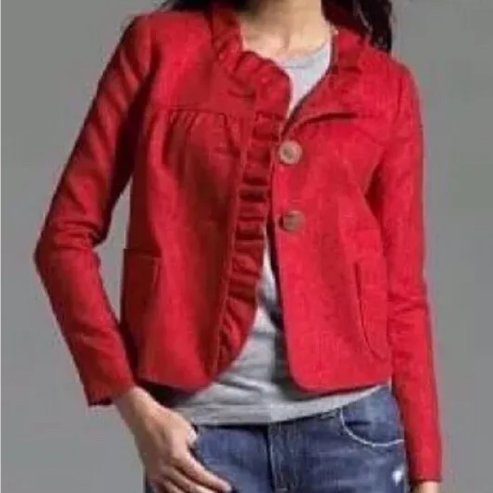 J Crew Red Wool Fiona Ruffle Jacket Herringbone